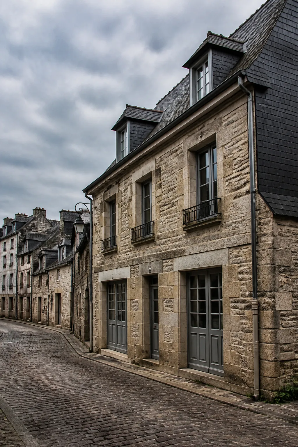 Maison de ville ancienne en pierre avec toit d’ardoise dans une rue pavée