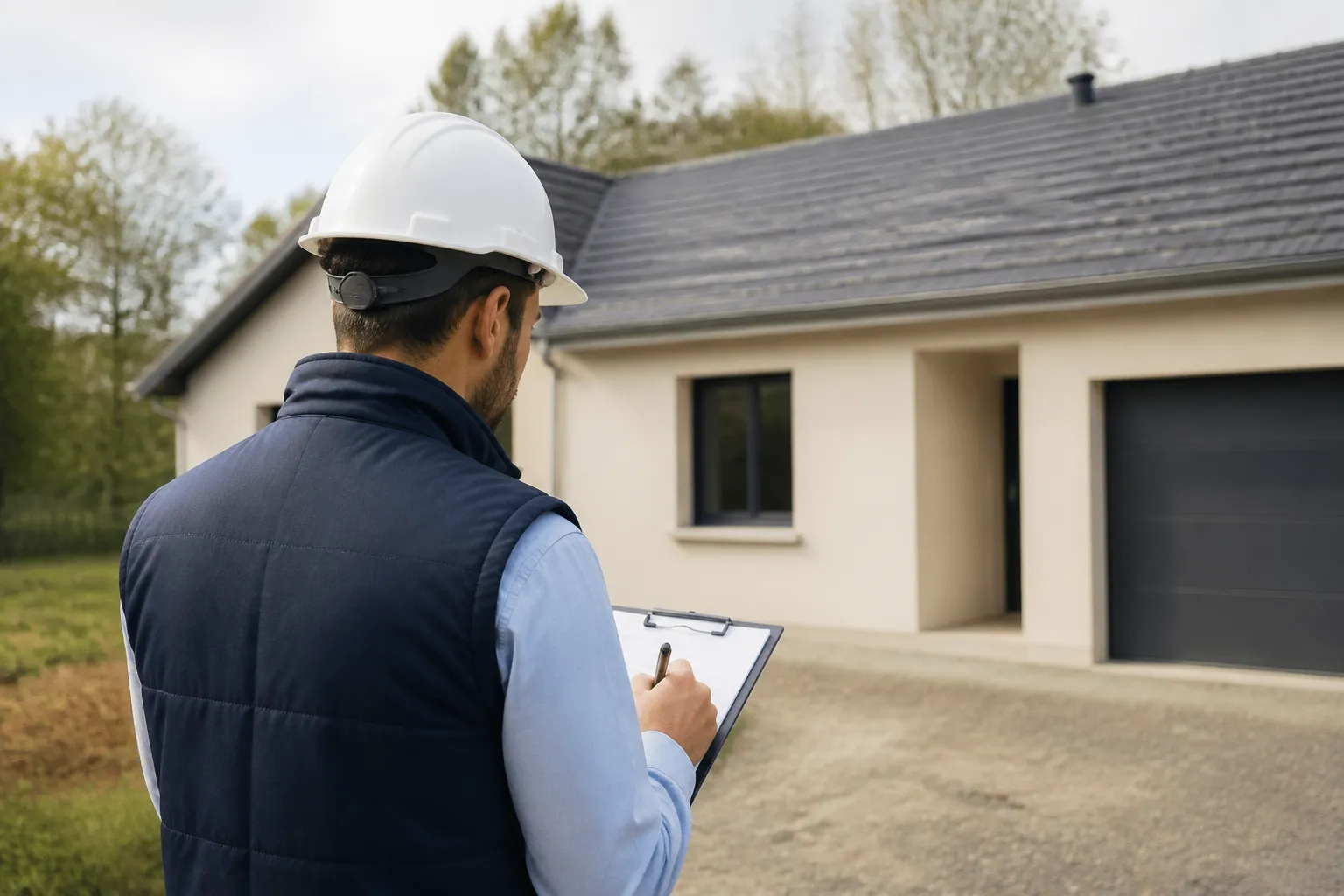 Expert en bâtiment notant ses constats devant un pavillon