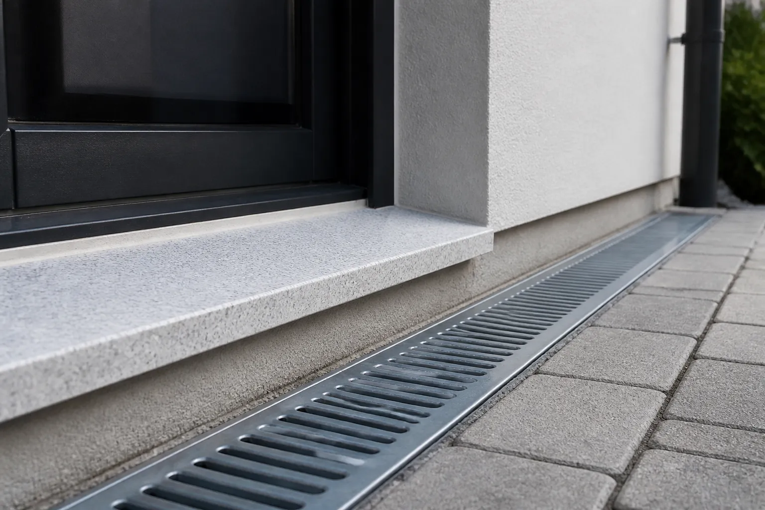 Seuil de porte d’entrée et grille d’évacuation au pied d’une façade