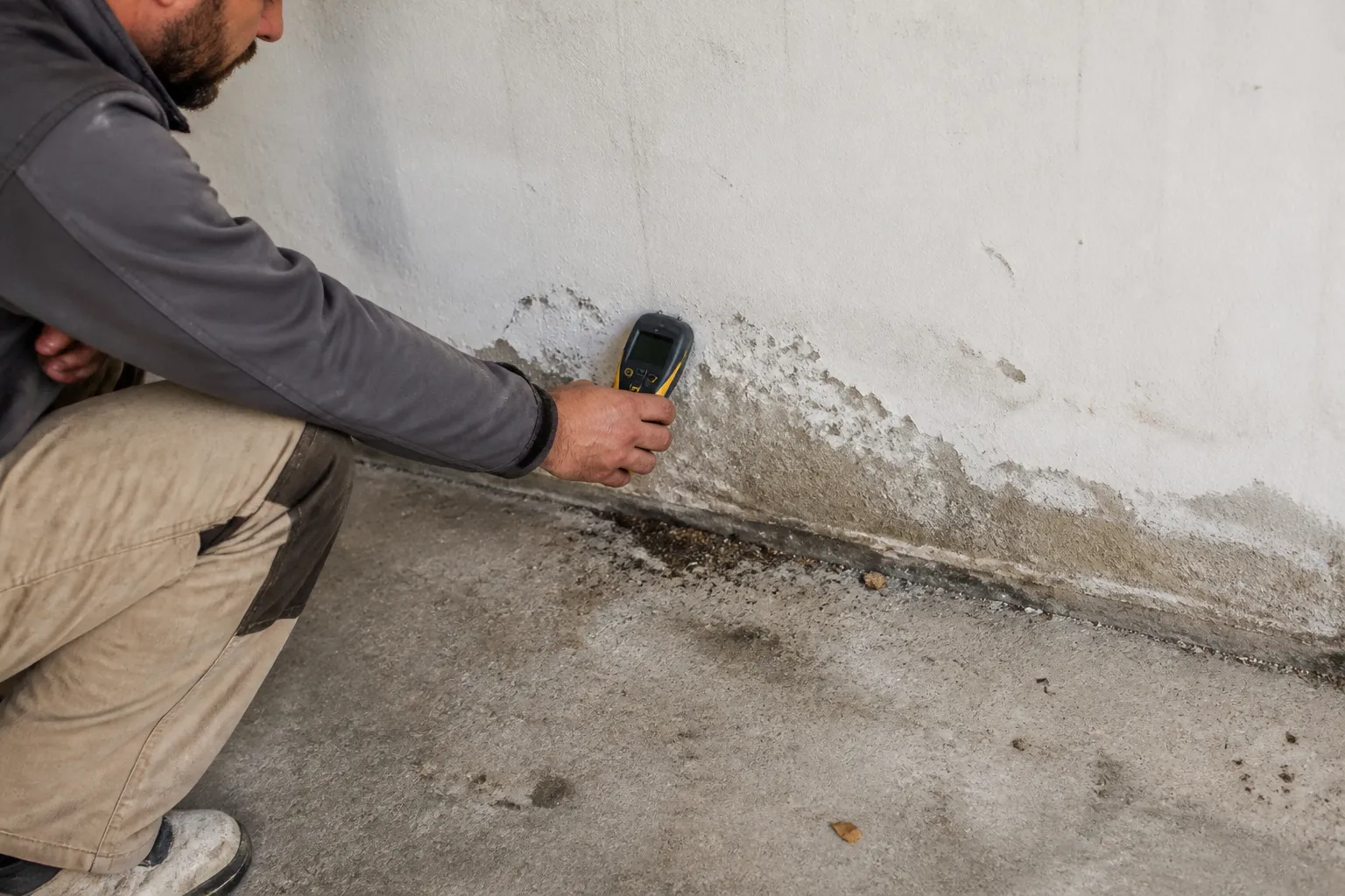 Expert mesurant l’humidité au bas d’un mur de garage