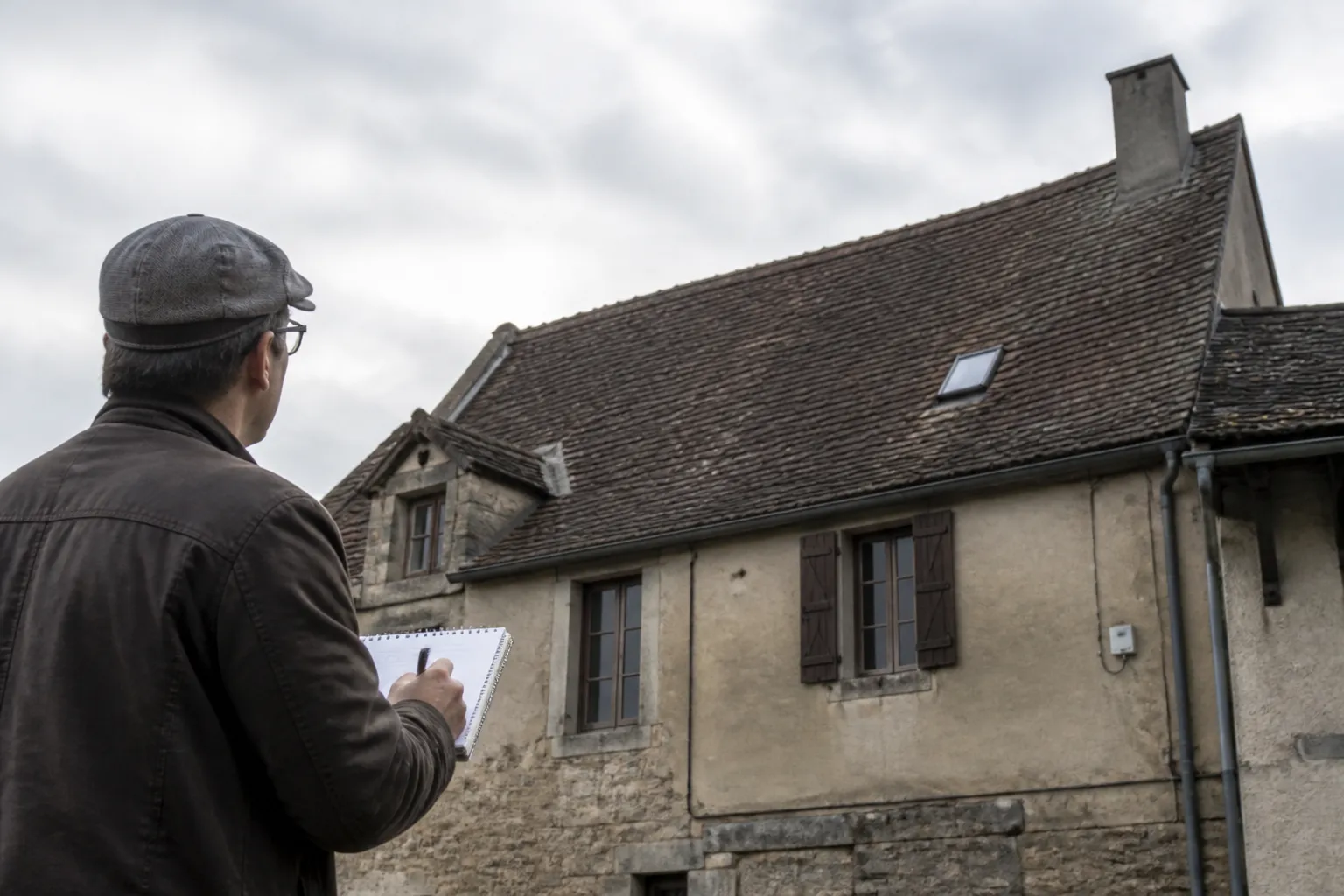Expert en bâtiment observant une toiture depuis la rue
