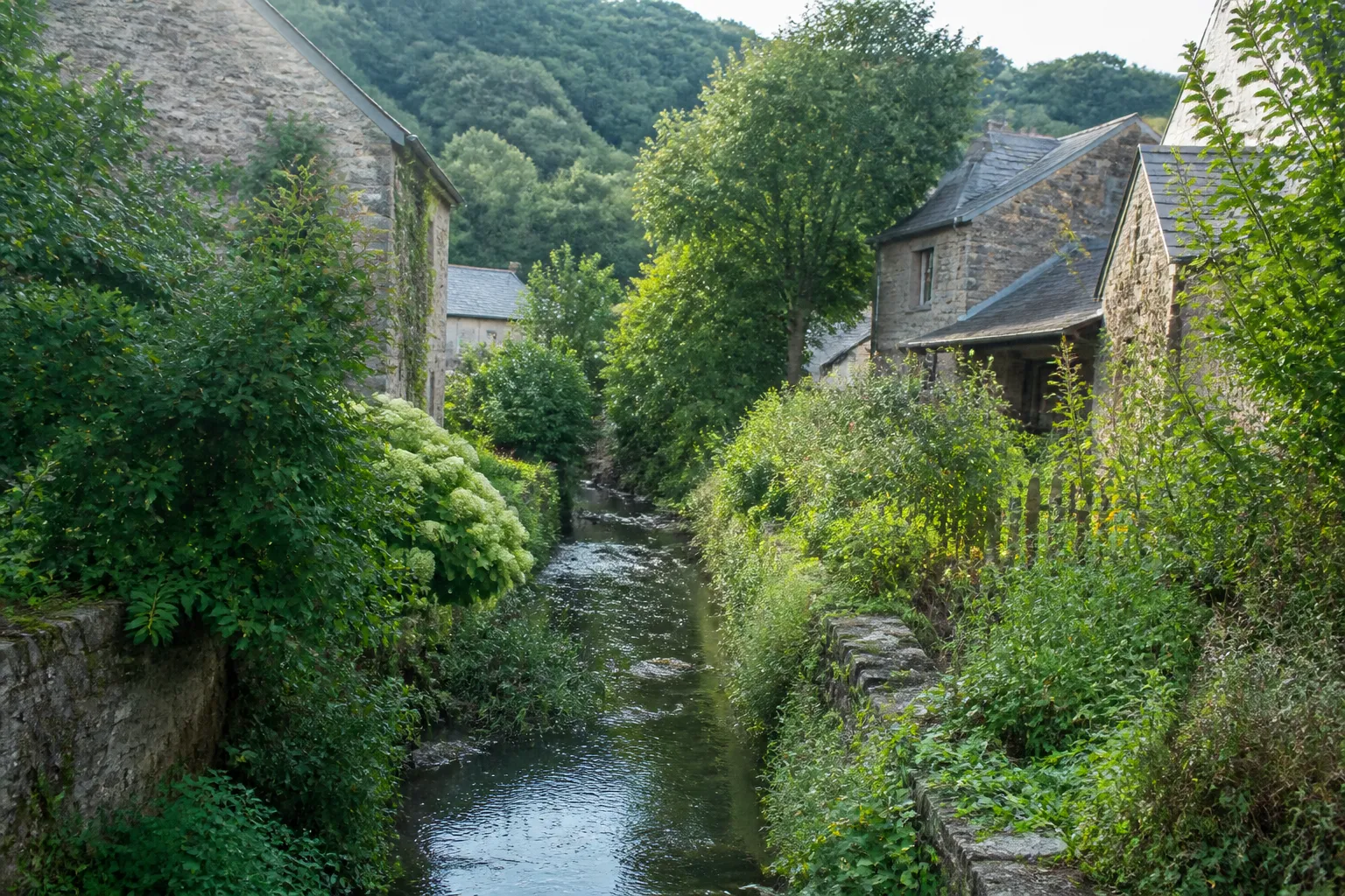 Petit cours d’eau en fond de vallon bordé de jardins et de maisons
