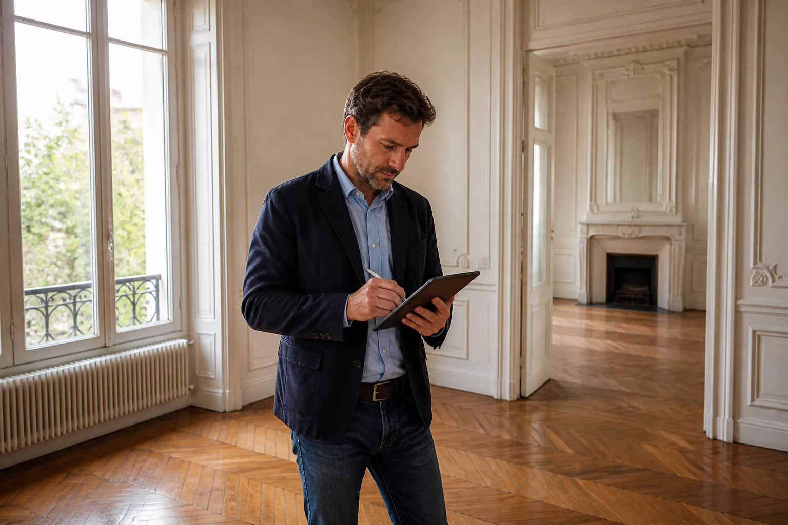Expert en bâtiment prenant des notes dans un appartement ancien