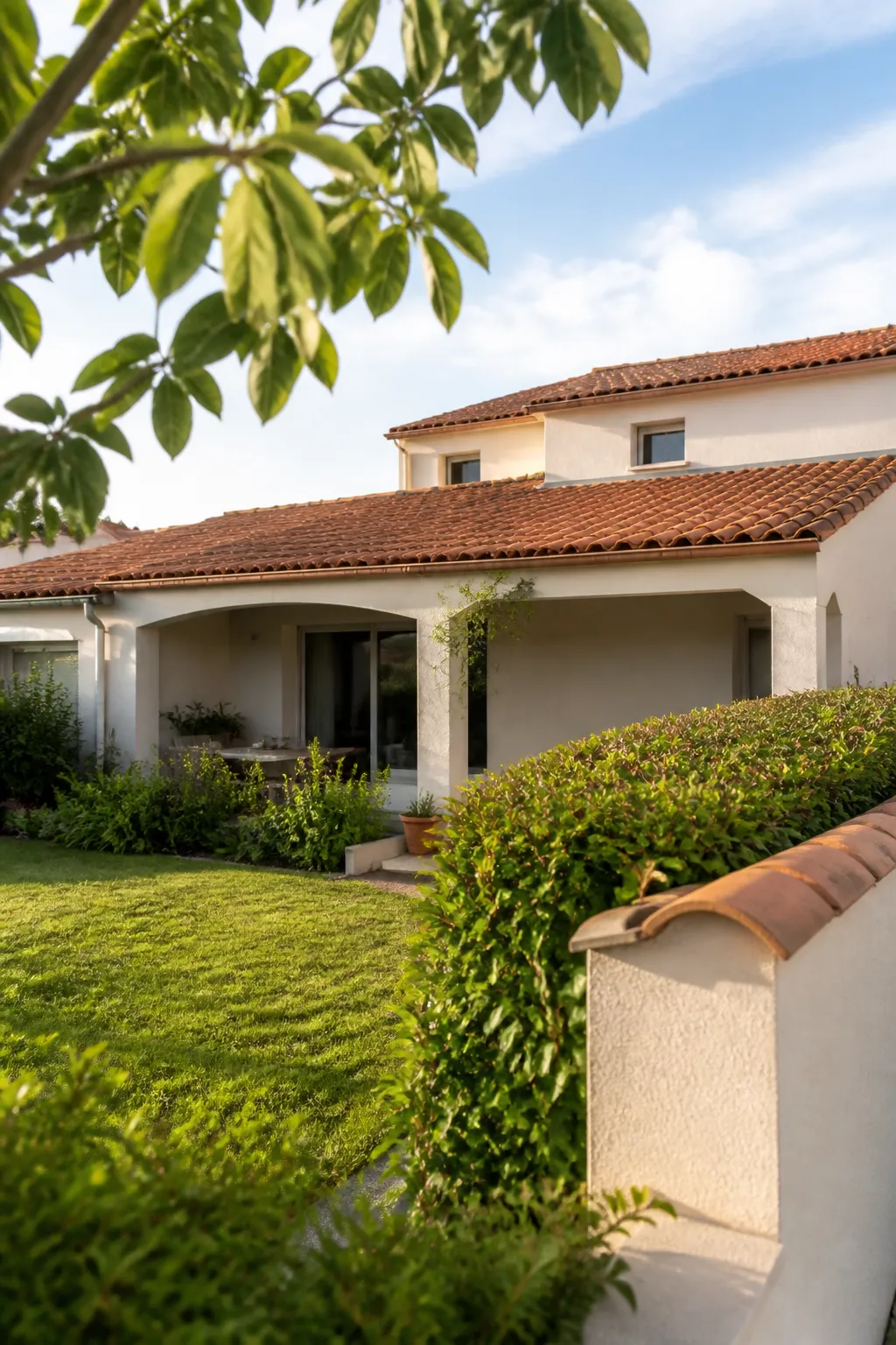 Maison familiale aux murs clairs et toiture en tuiles avec jardin