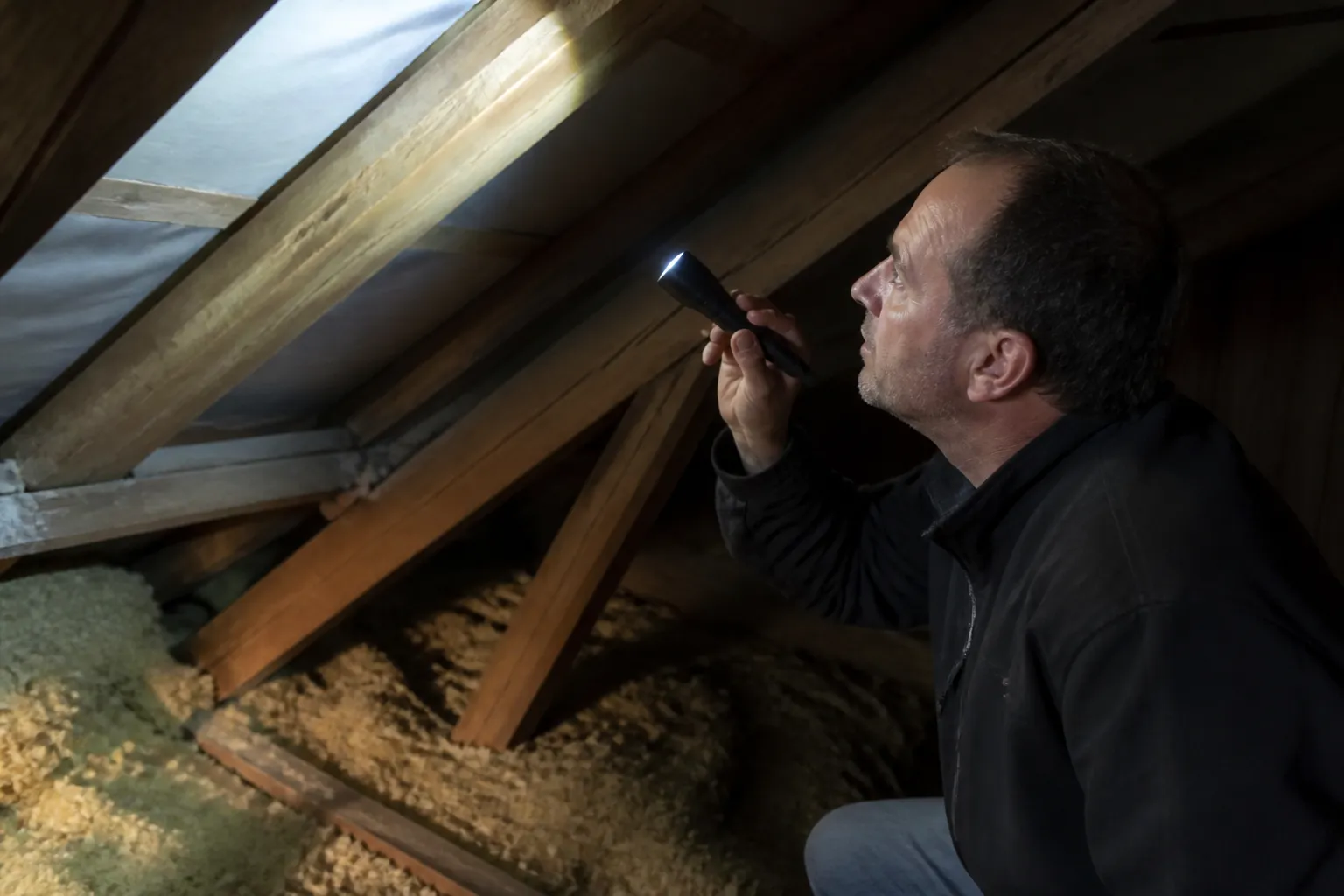 Combles isolés observés à la lampe par un expert
