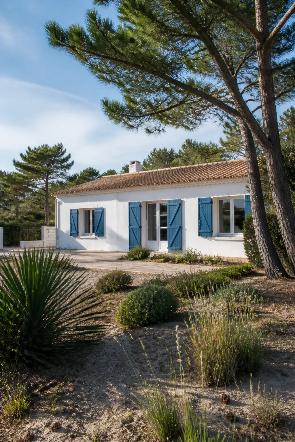 Maison basse aux murs clairs et volets bleus près de la côte atlantique