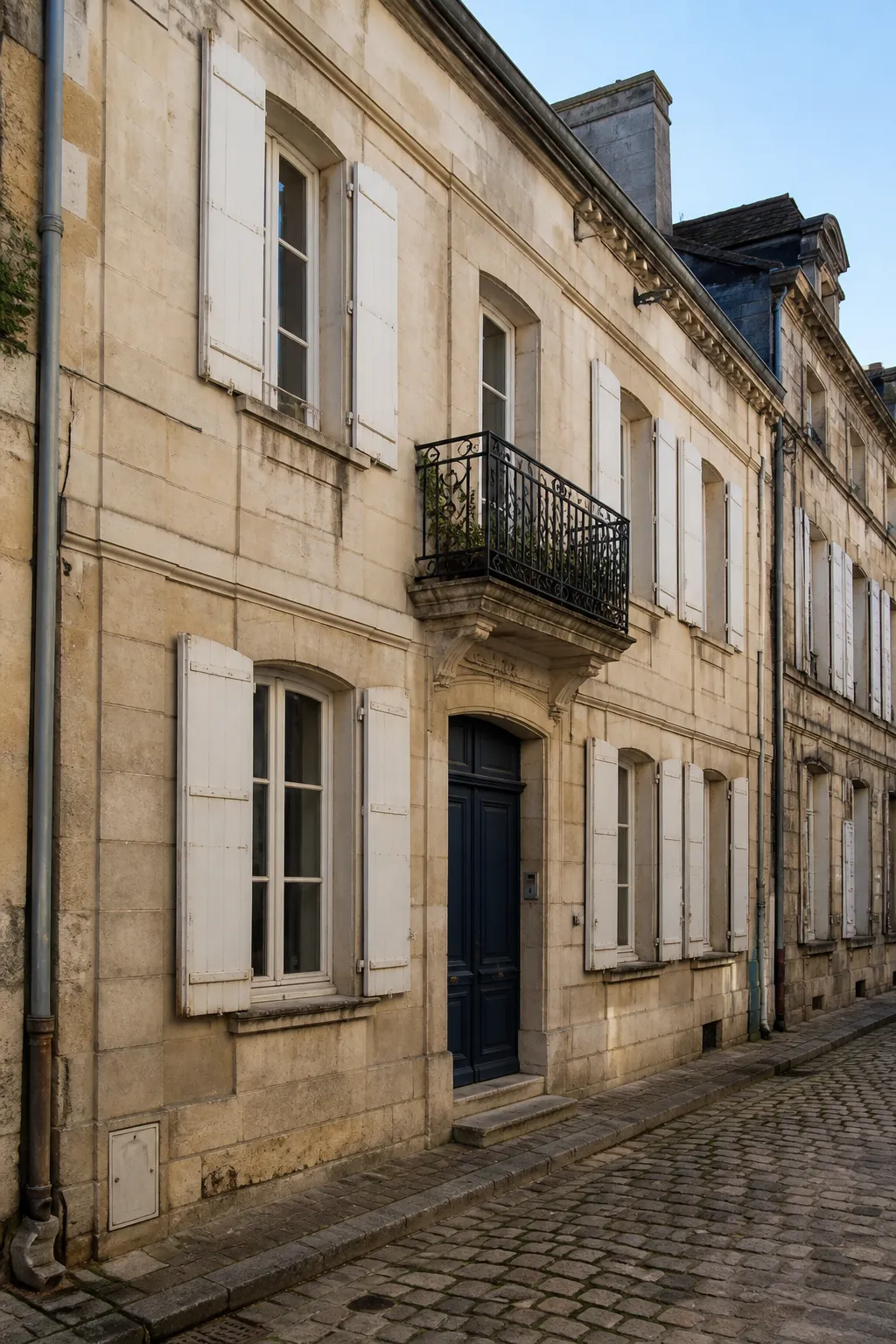 Façade d’immeuble ancien en pierre claire avec volets dans une rue de centre-ville