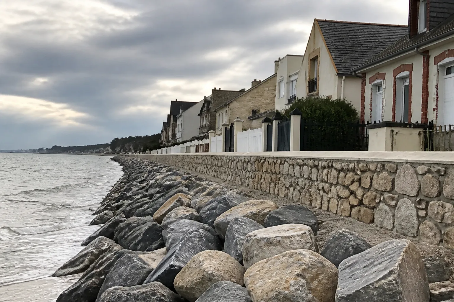 Ouvrage de protection en bord de mer devant des maisons