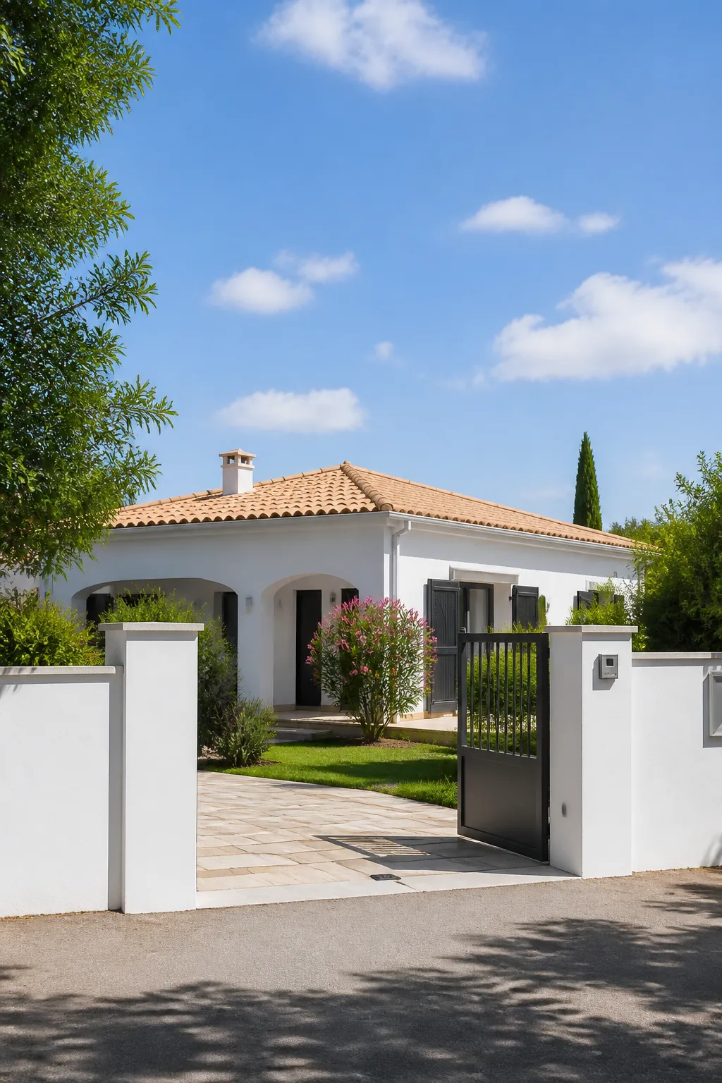 Pavillon aux murs blancs et tuiles rondes avec jardin en Charente-Maritime