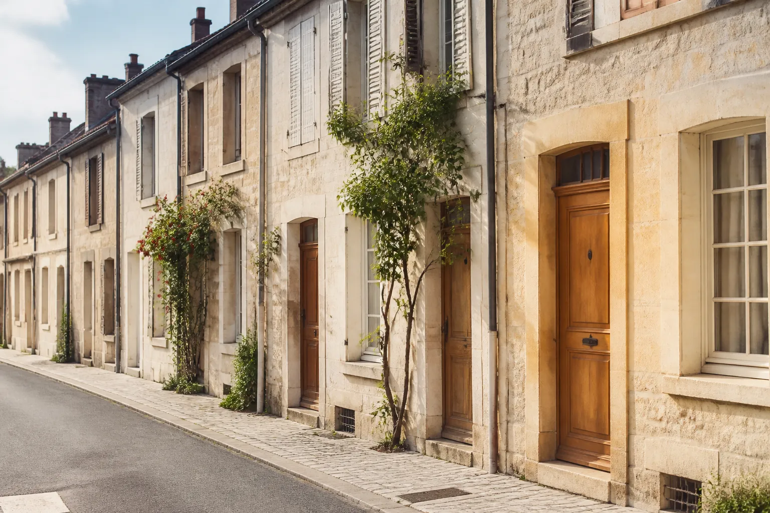 Maisons de bourg mitoyennes en pierre dans une rue calme