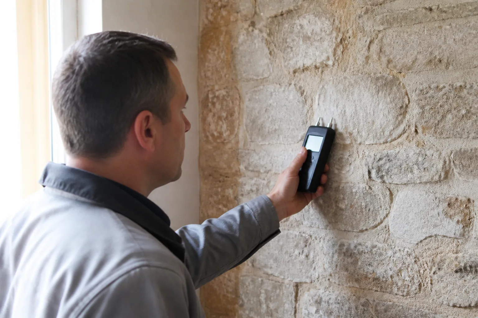 Expert en bâtiment mesurant l’humidité d’un mur en pierre