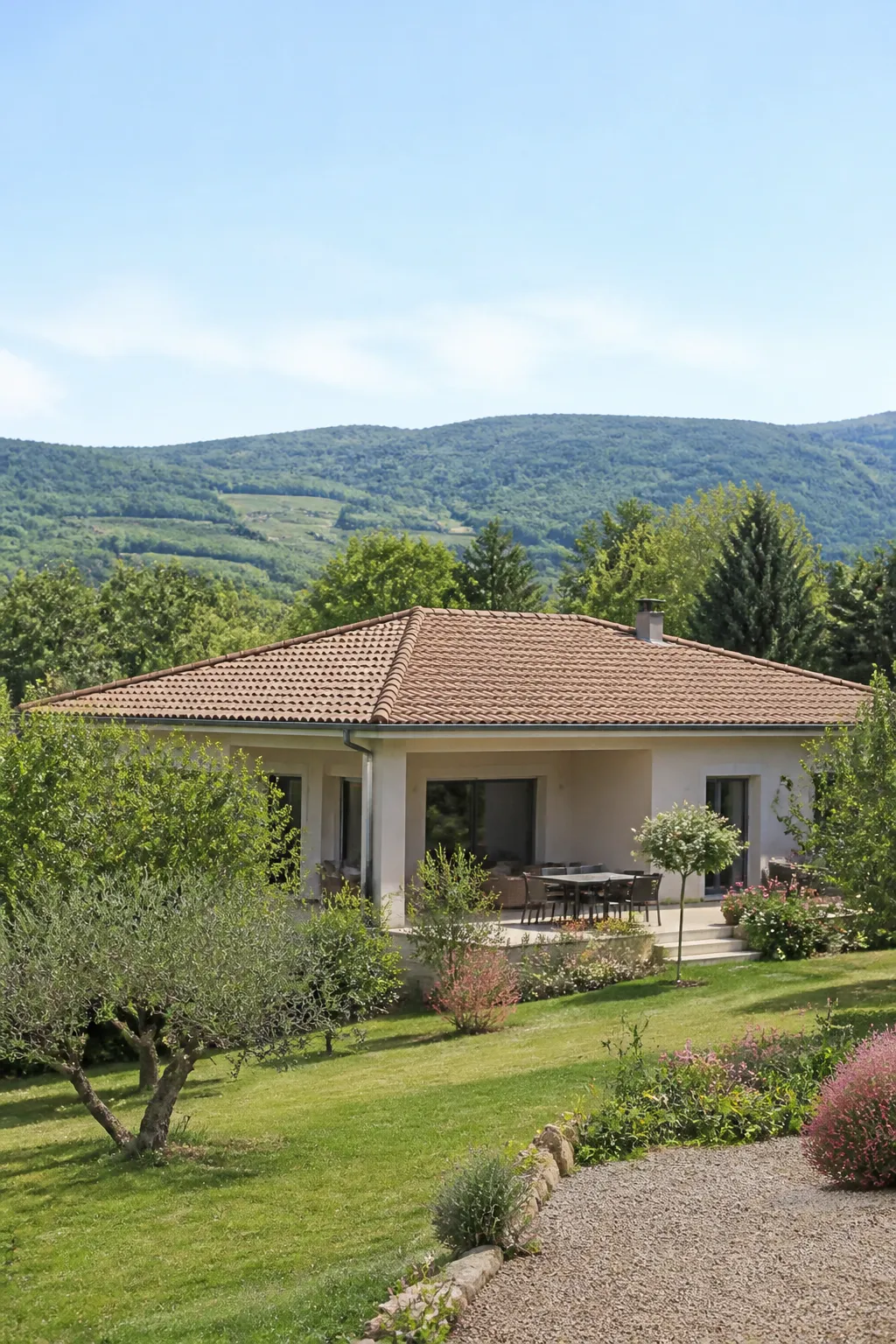 Pavillon aux murs clairs et toit de tuiles avec jardin en Corrèze