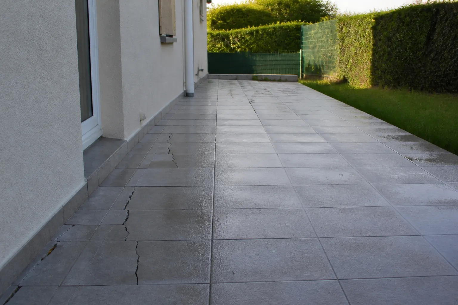 Terrasse carrelée fissurée le long d’une maison