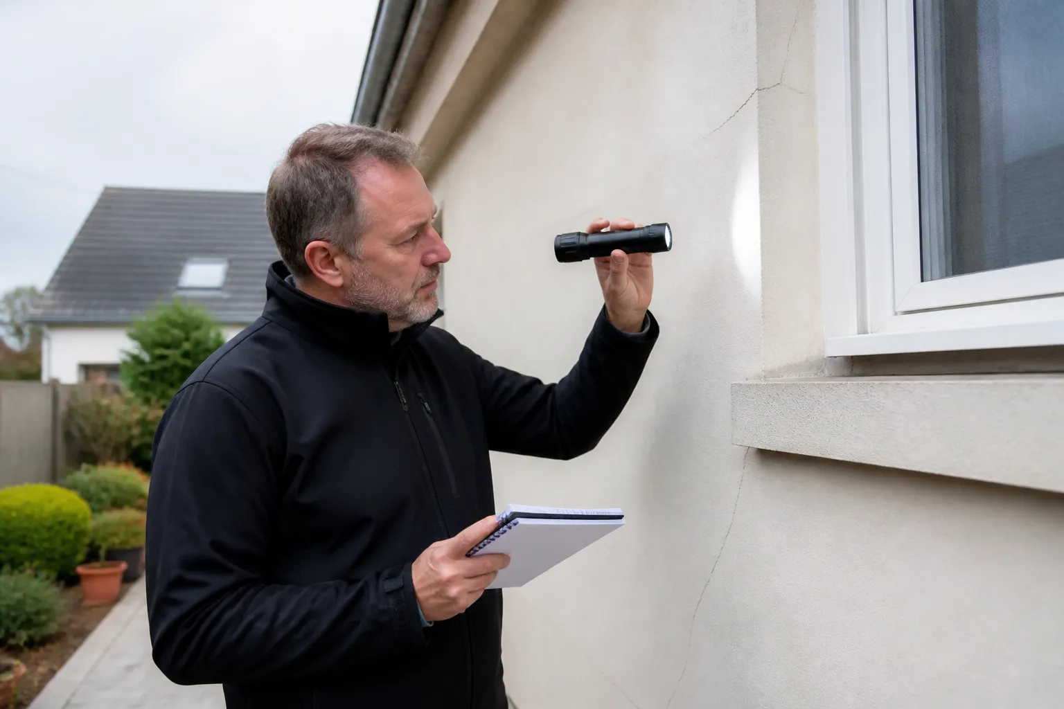 Expert en bâtiment inspectant une façade avec un carnet