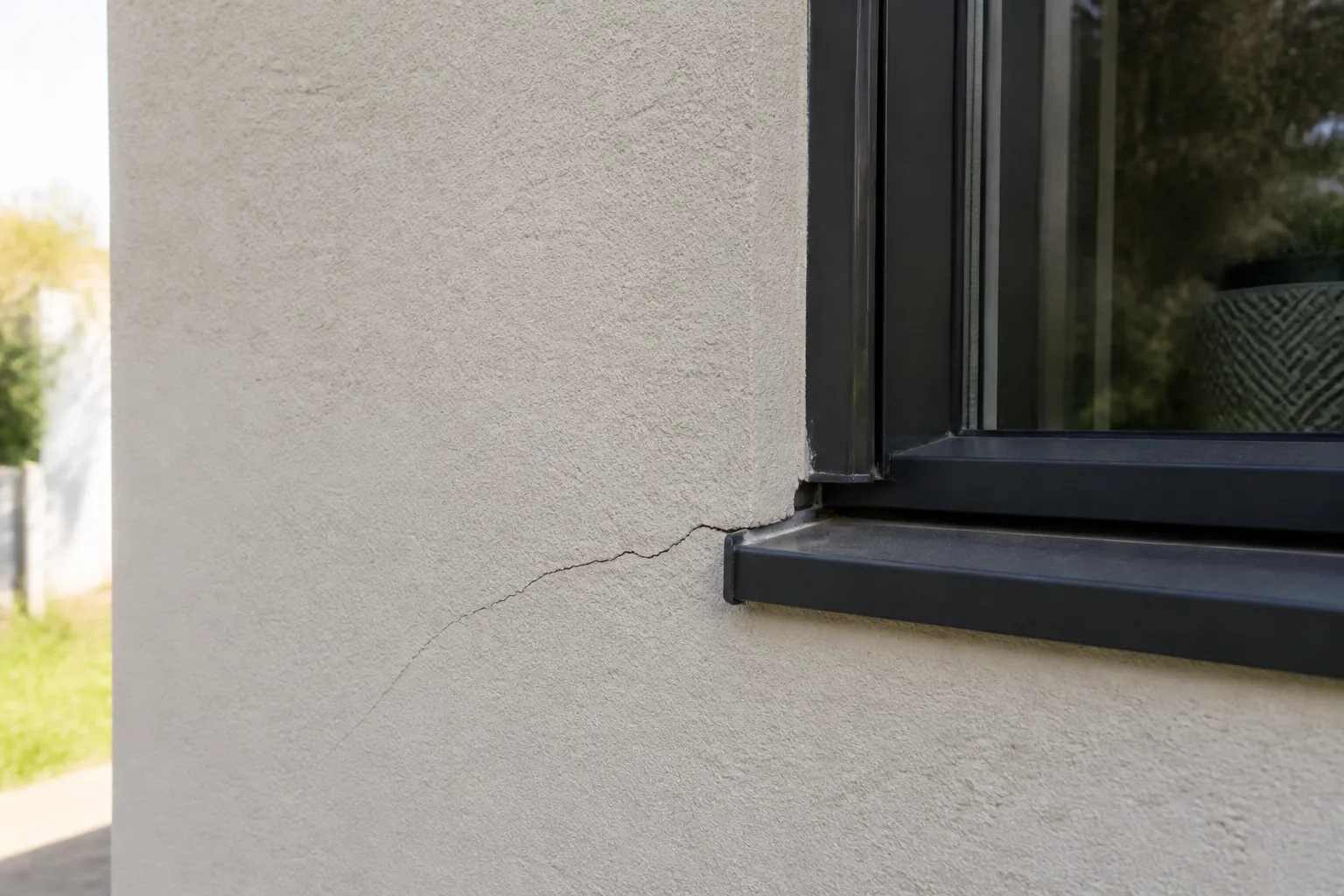 Fissure à l’angle d’une maison récente enduite