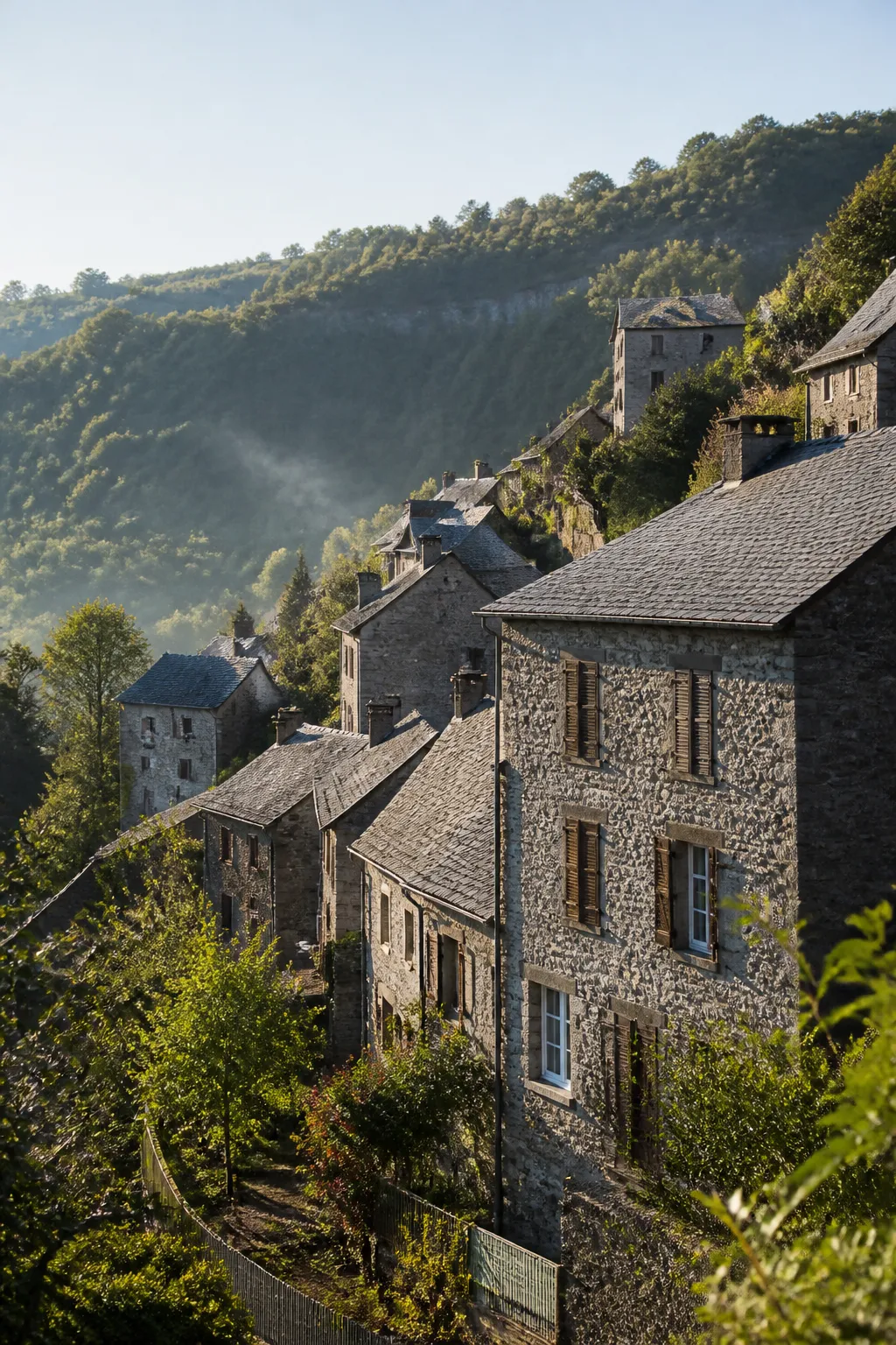 Immeubles anciens en pierre grise à toits d’ardoise dans une ville de vallée