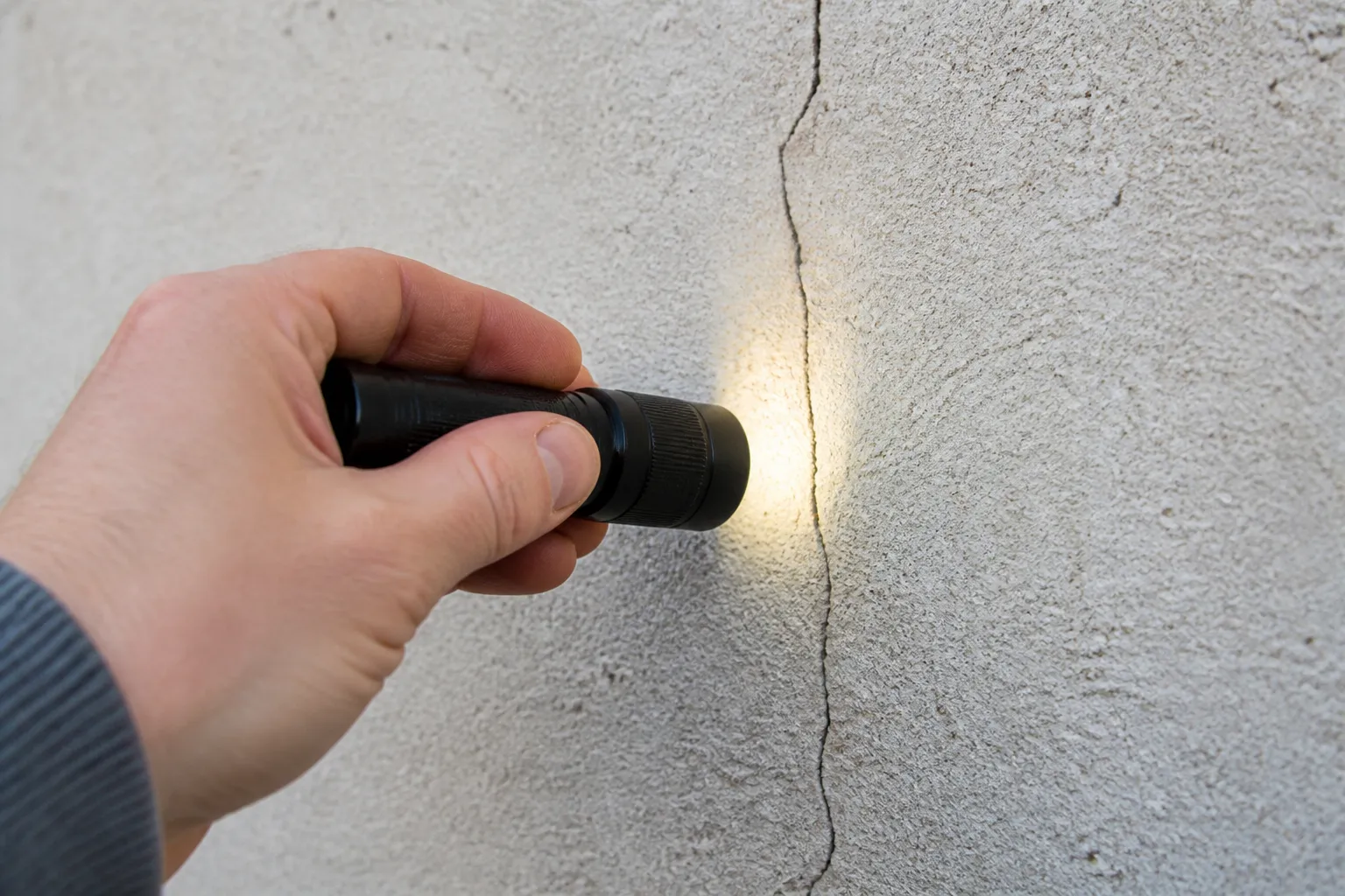 Fissure sur un mur extérieur observée avec une lampe