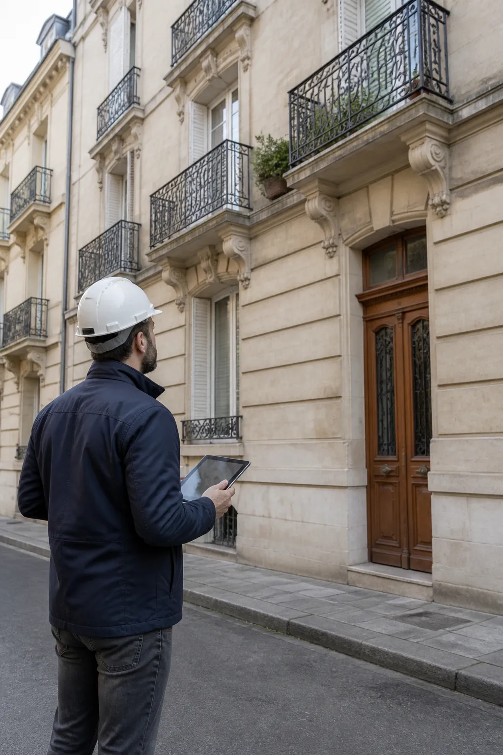 Expert en bâtiment devant un immeuble ancien en pierre claire à Dijon