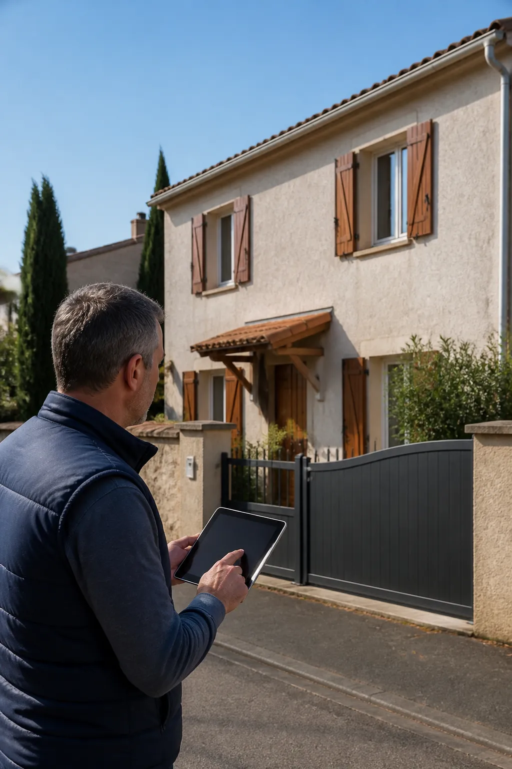 Expert en bâtiment devant une maison individuelle en Côte-d’Or