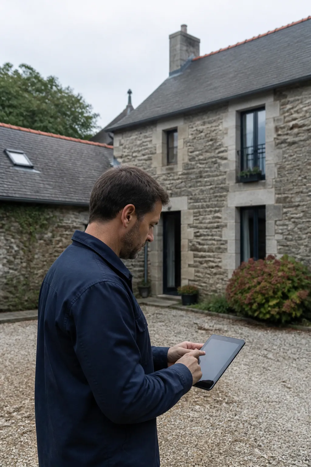 Expert en bâtiment devant une maison en pierre avec dépendance en Centre Bretagne