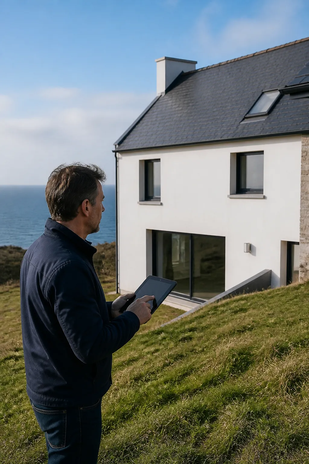 Expert en bâtiment devant une maison sur un coteau en bord de mer