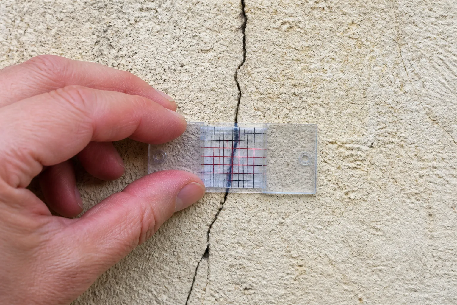 Fissure sur un mur extérieur mesurée avec un fissuromètre