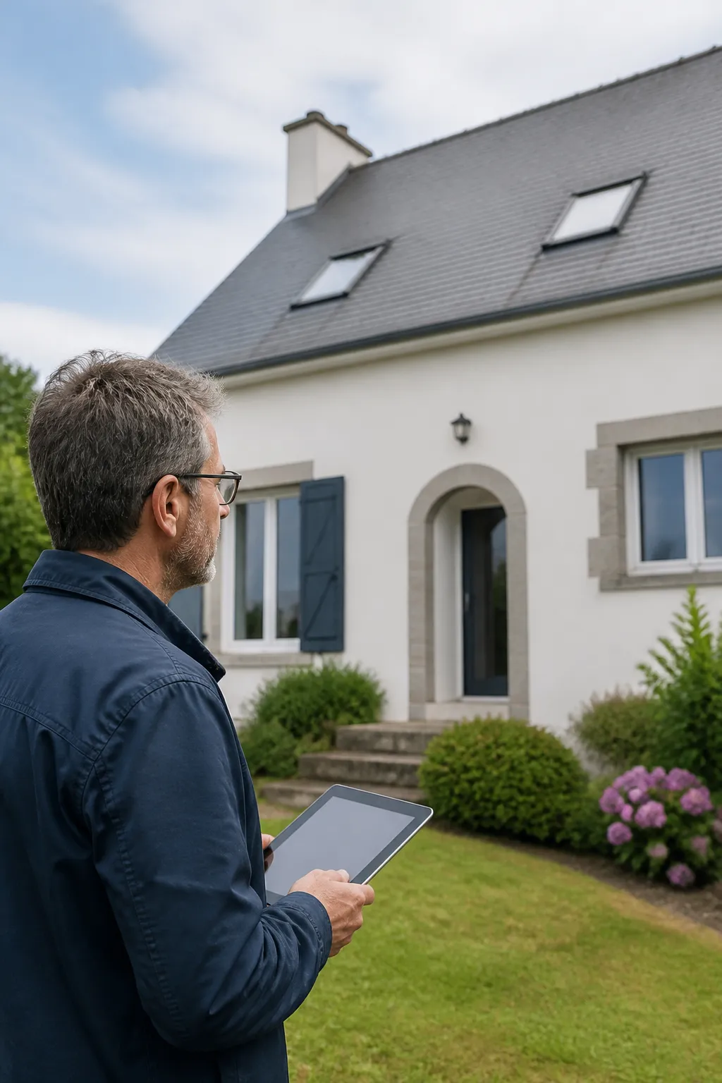 Expert en bâtiment devant un pavillon en Bretagne