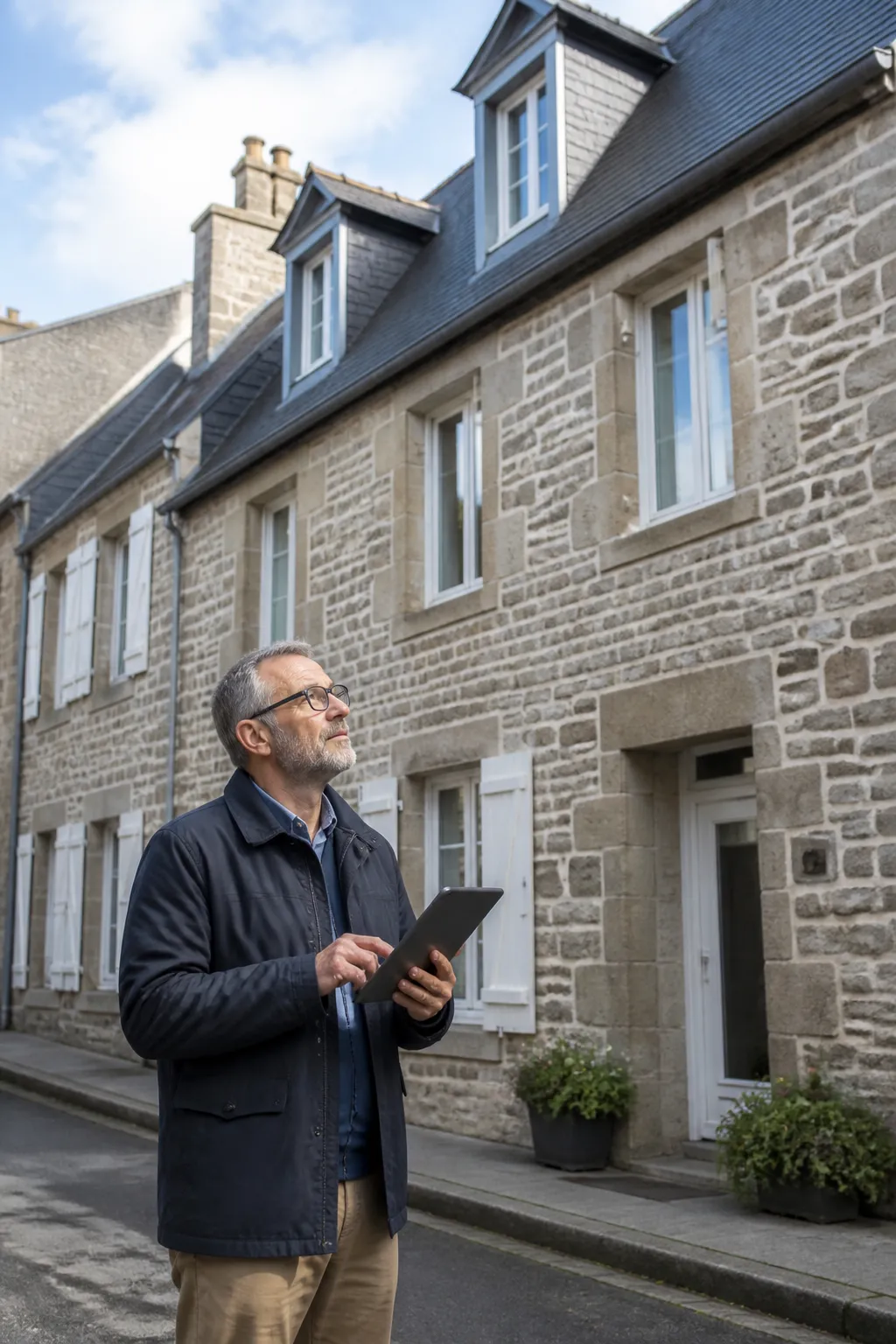 Expert en bâtiment devant une maison de ville en pierre à Saint-Brieuc