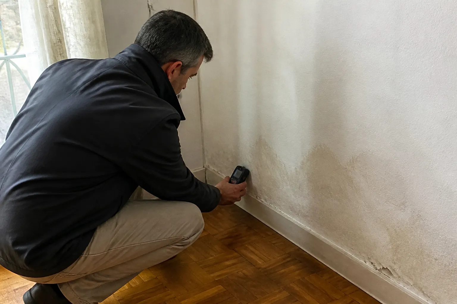 Expert mesurant l’humidité en rez-de-chaussée