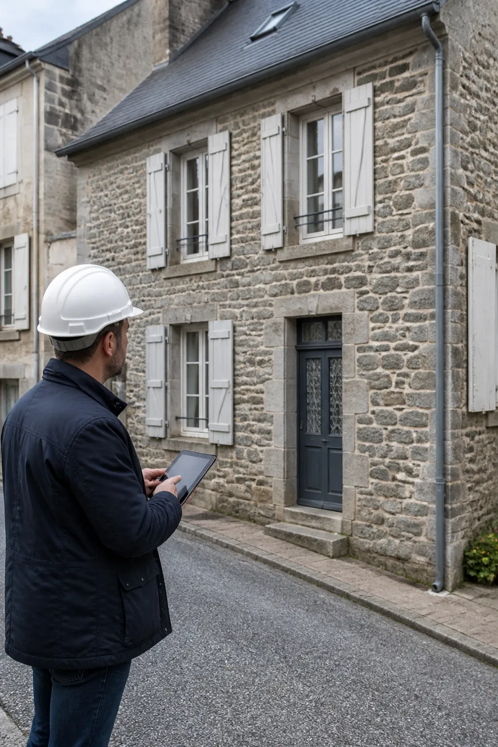 Expert en bâtiment devant une maison de bourg en pierre dans la Creuse