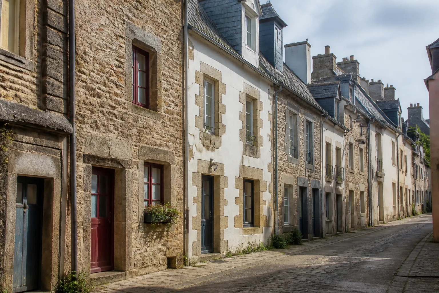 Maisons mitoyennes en pierre dans une rue en pente