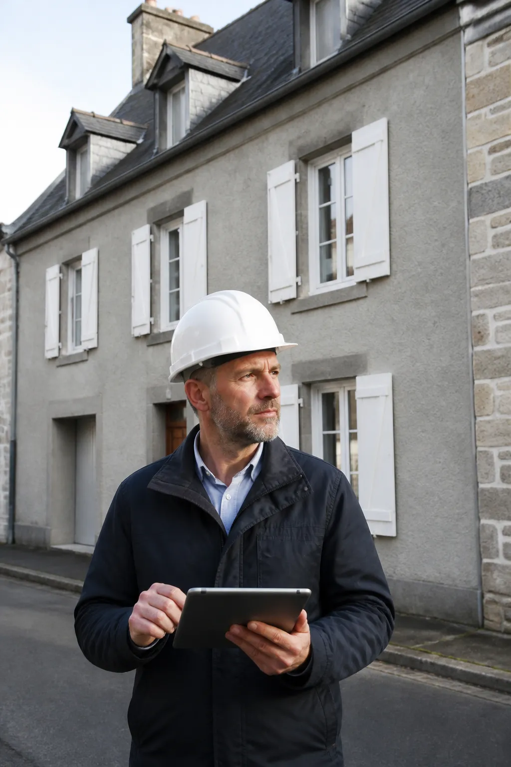 Expert en bâtiment devant une maison de ville en pierre à Guéret