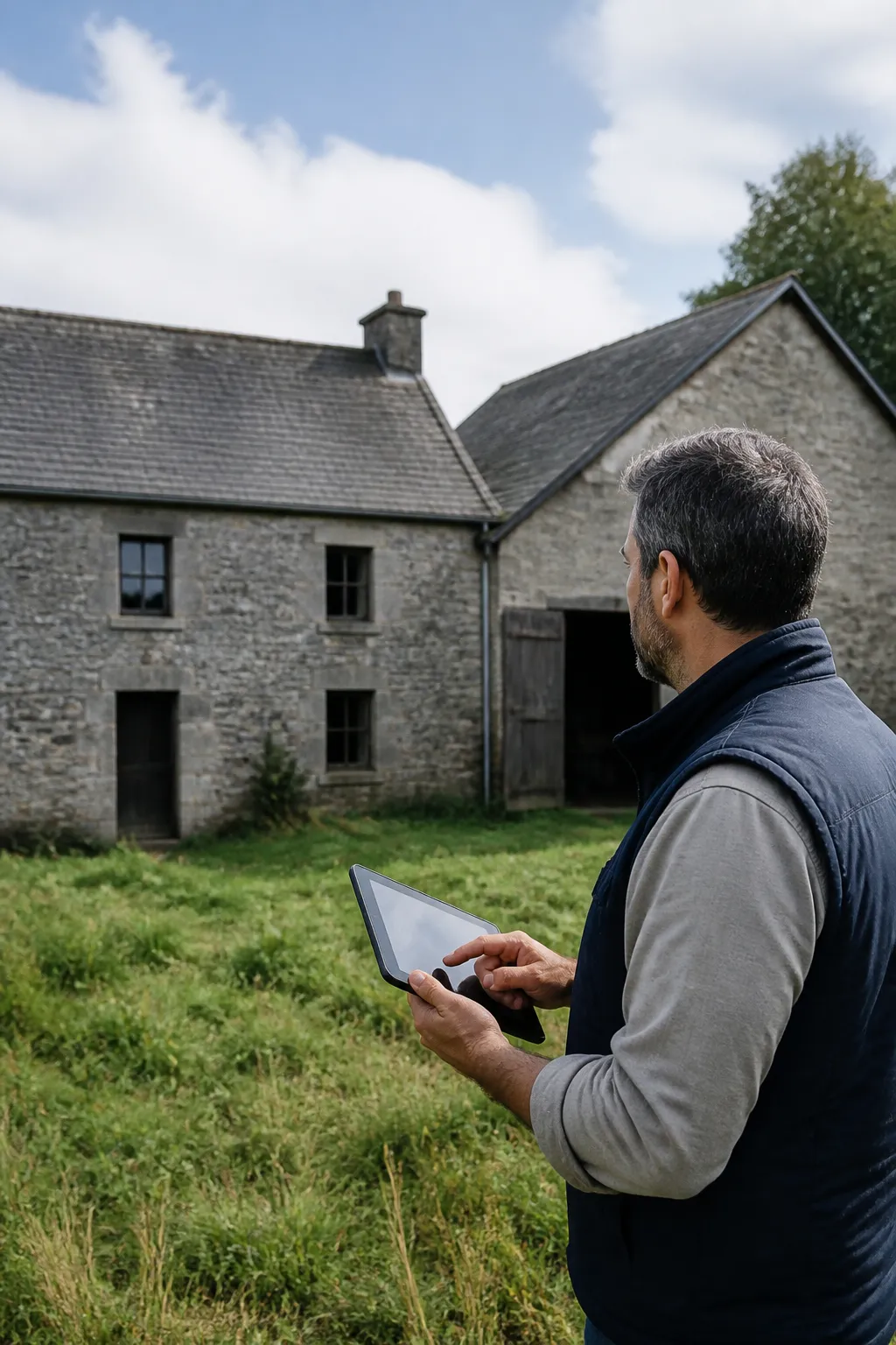 Expert en bâtiment devant une maison rurale en pierre dans la Creuse