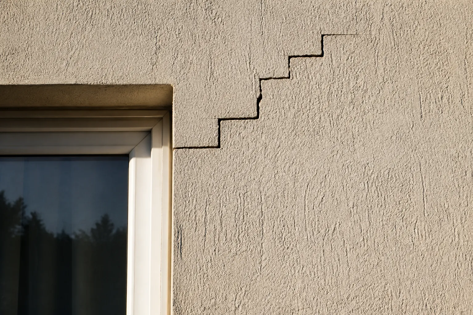 Fissure en escalier sur un mur extérieur enduit d’une maison individuelle