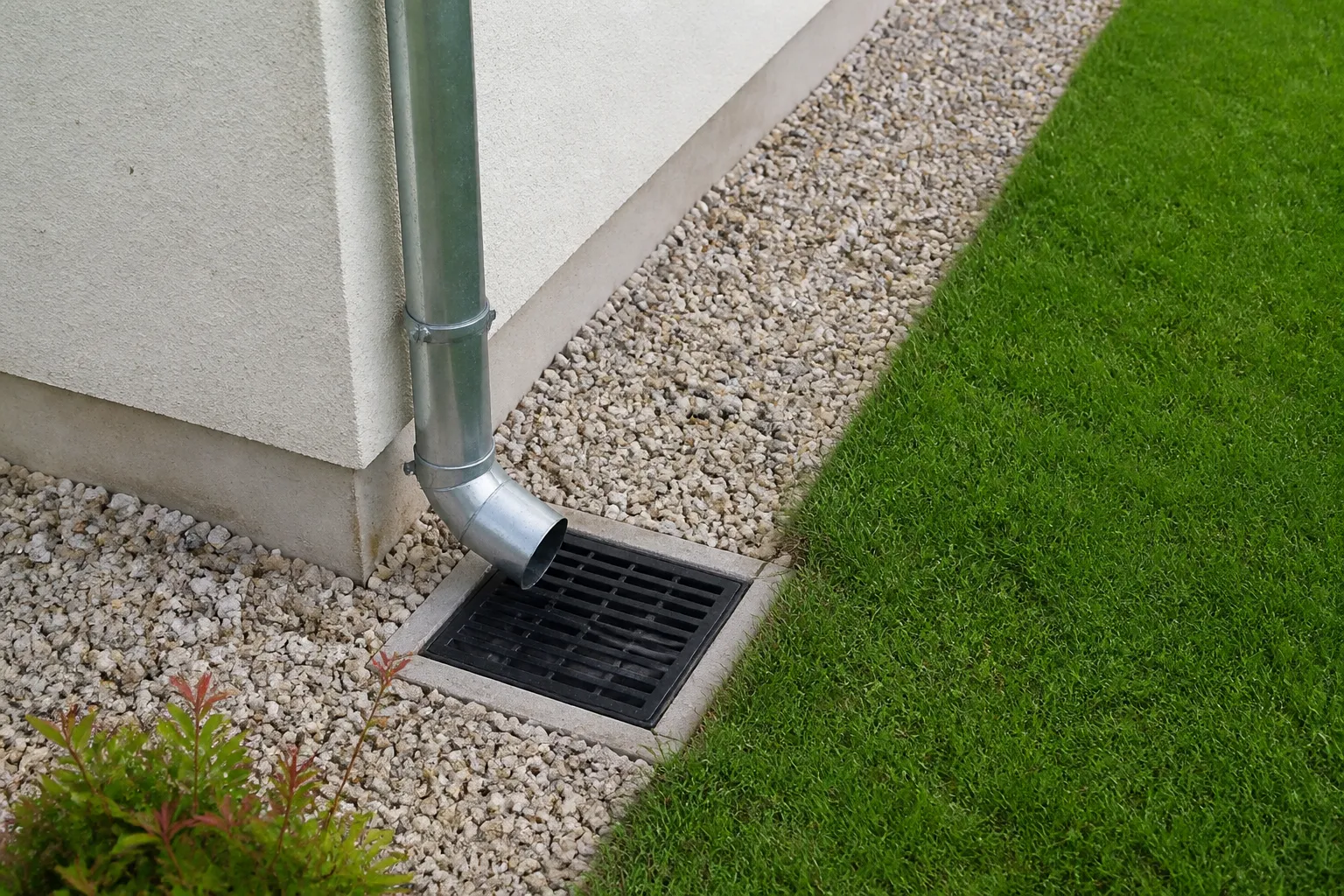 Descente de gouttière et regard d’eaux pluviales au pied d’une maison