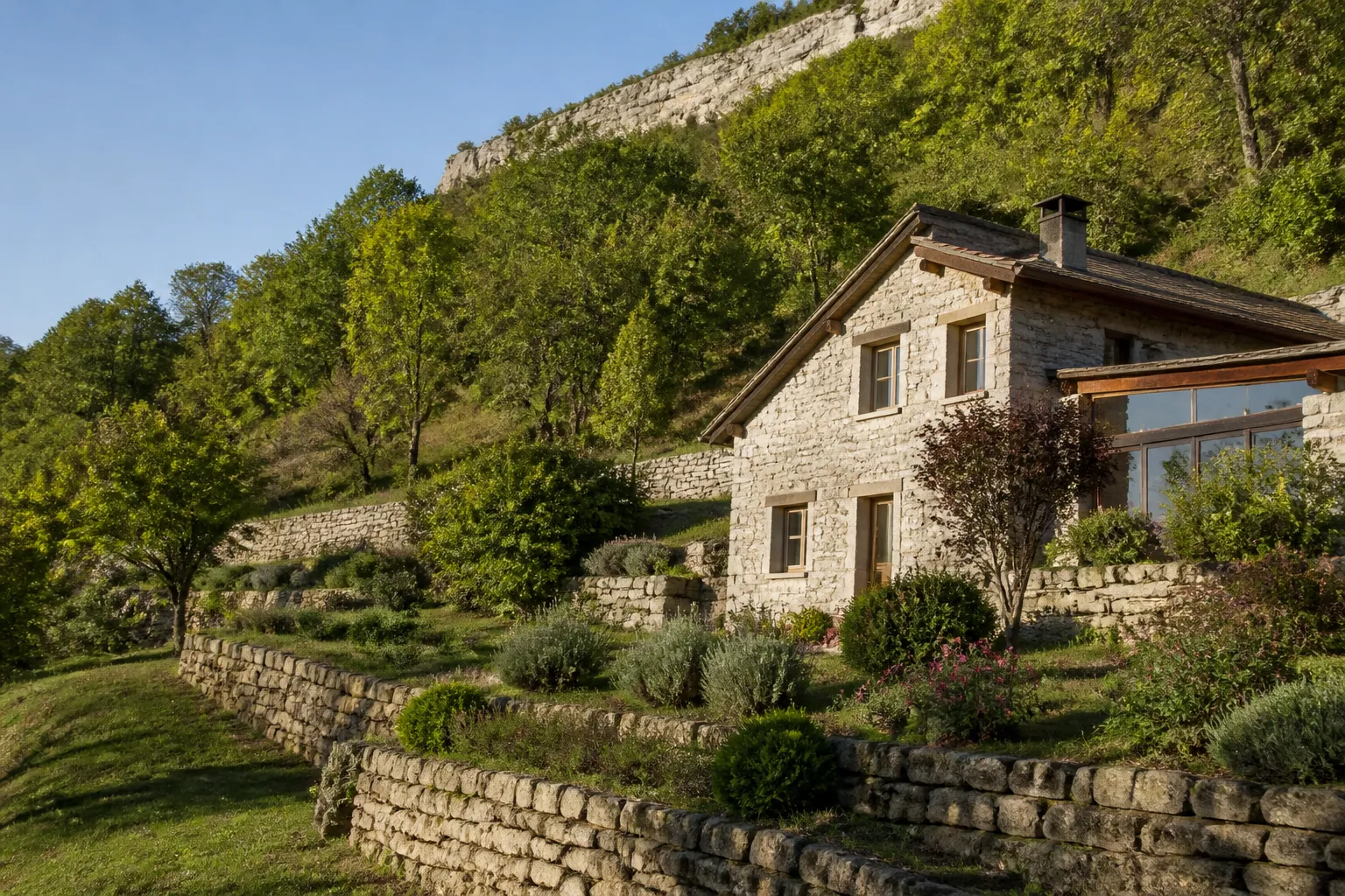 Maison au pied d’un coteau calcaire avec mur de soutènement