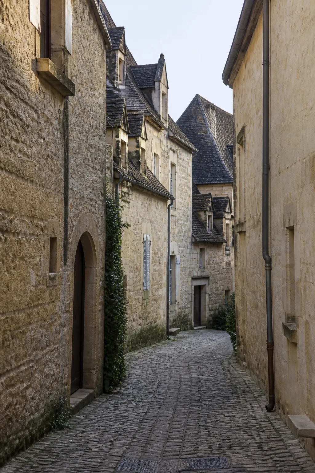 Maisons anciennes en pierre blonde et toits pentus dans une ruelle de centre historique