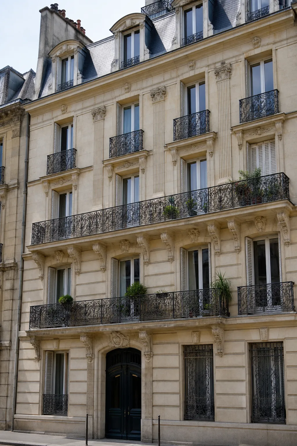 Façade d’immeuble ancien en pierre calcaire avec balcons en fonte dans une rue de Besançon