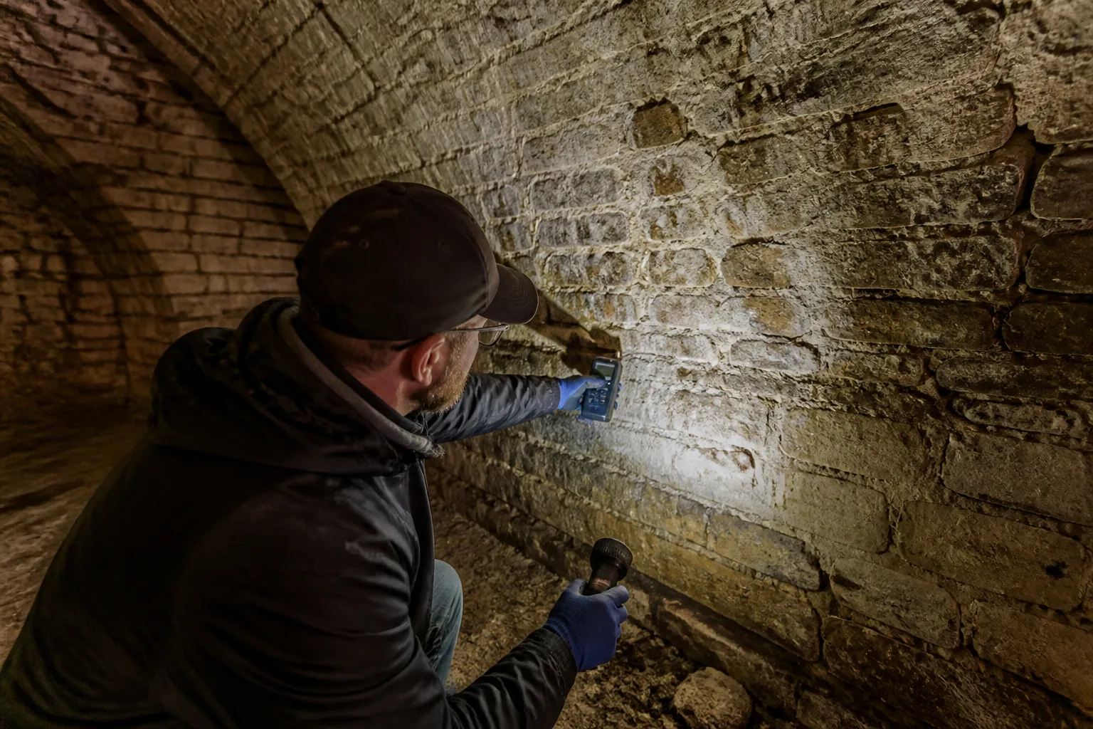 Expert mesurant l’humidité d’un mur de cave voûtée