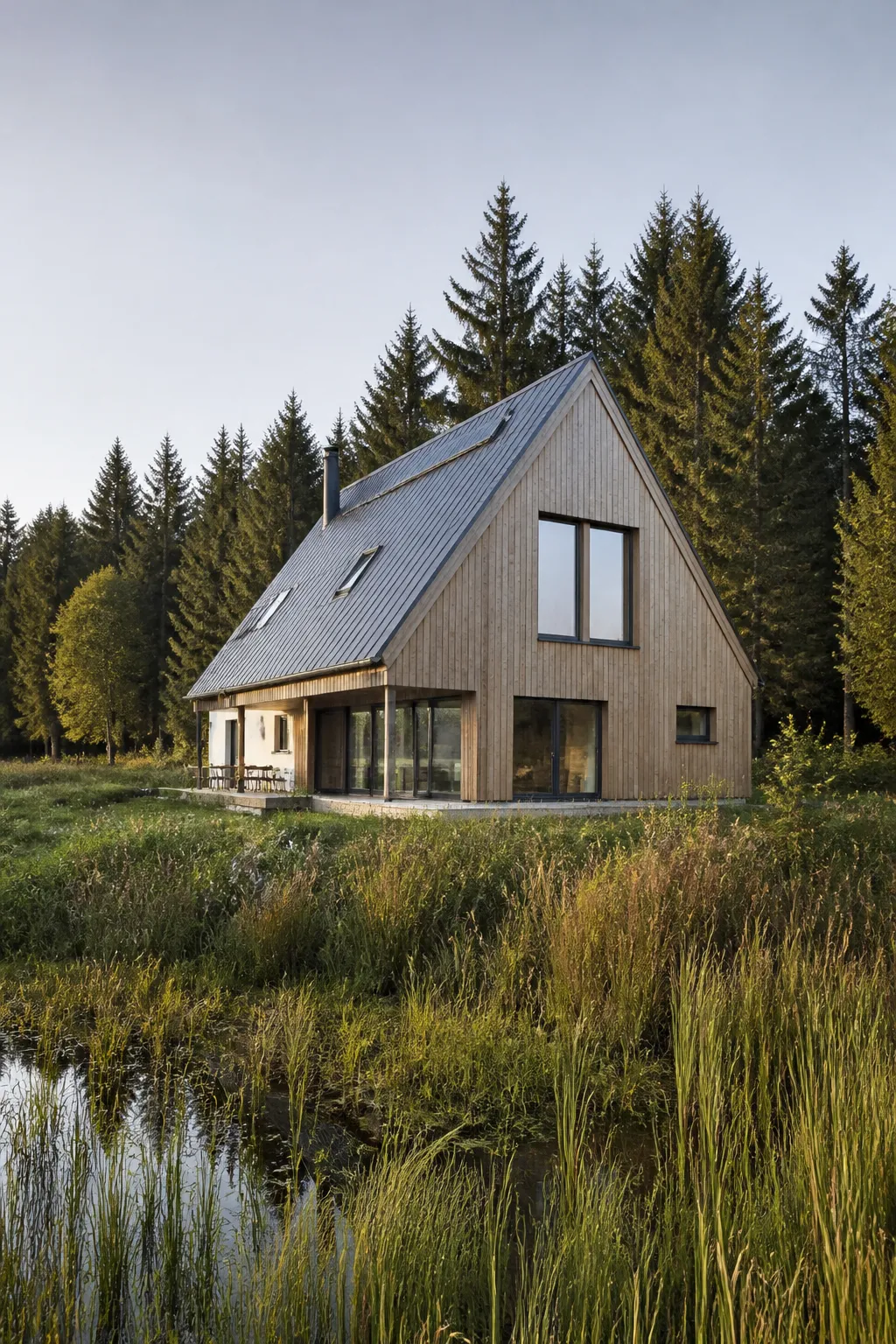 Maison individuelle avec bardage bois et toit pentu en bord de prairie humide