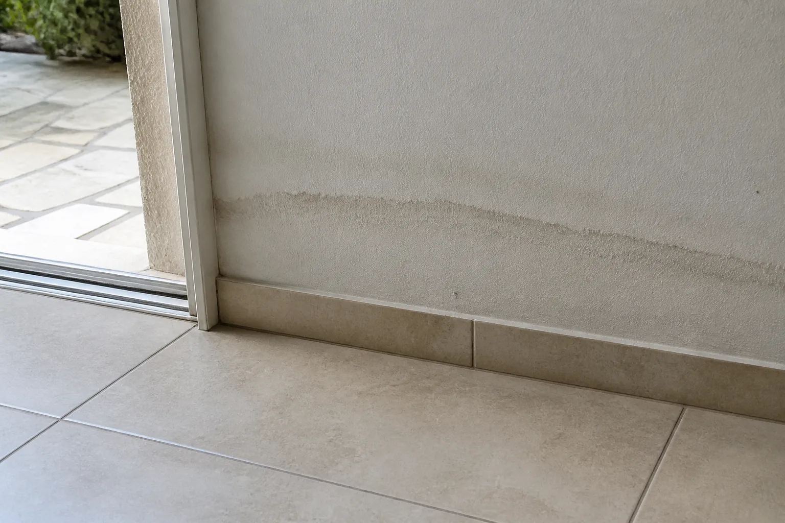 Seuil de porte et pied de mur avec traces d’une ancienne venue d’eau