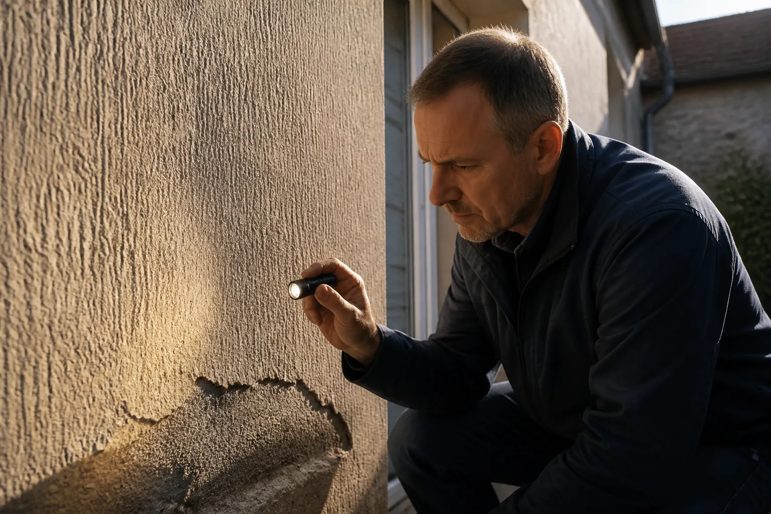 Mur extérieur enduit sans fissure apparente examiné à la lampe