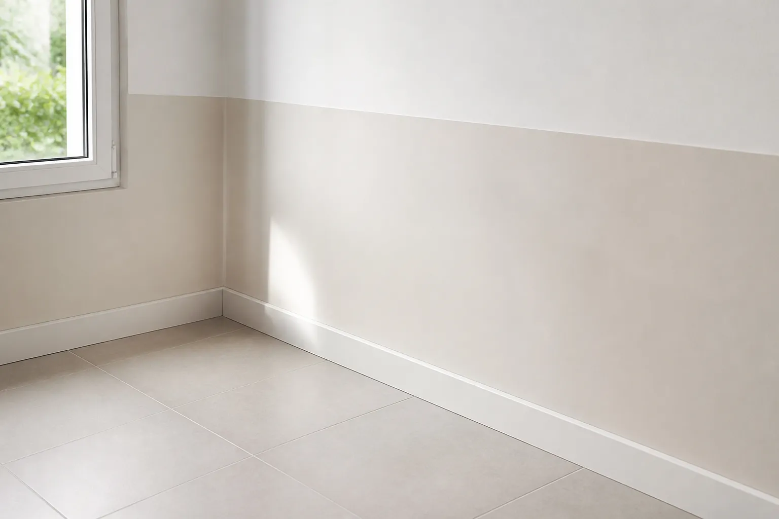 Bas de mur intérieur avec plinthes neuves et enduit refait