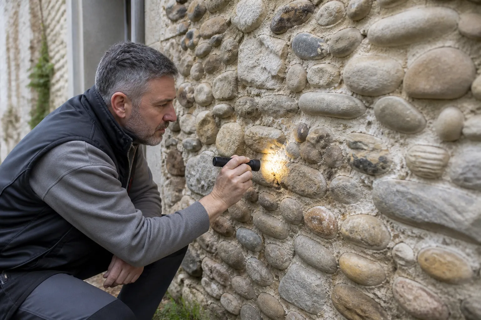 Expert examinant une façade en galets et pierre