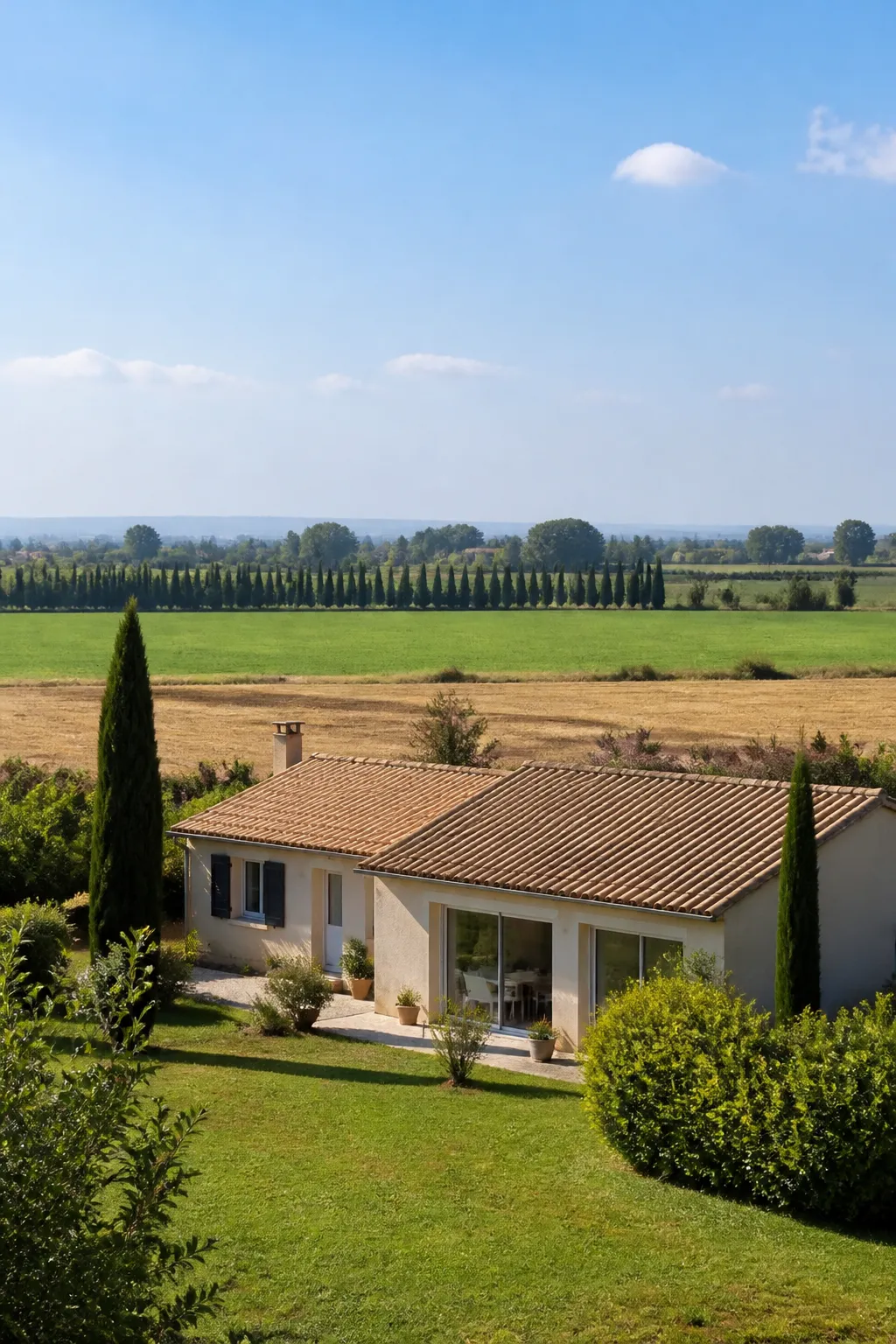 Maison de plain-pied avec jardin dans une plaine agricole du sud de la France
