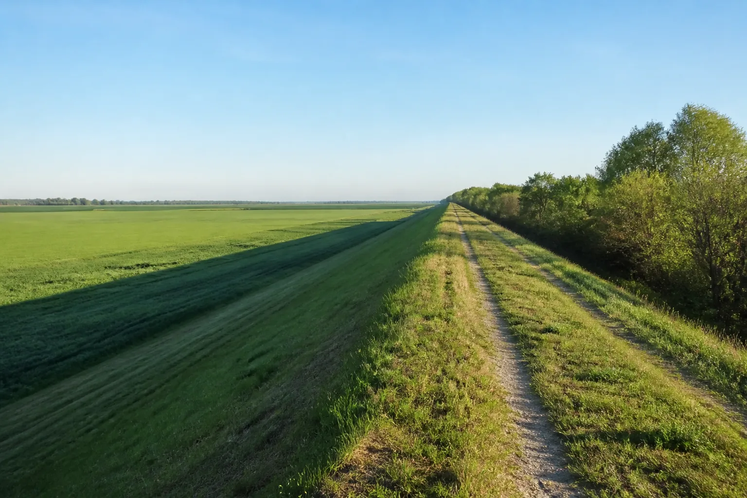 Digue en terre enherbée bordant une plaine cultivée