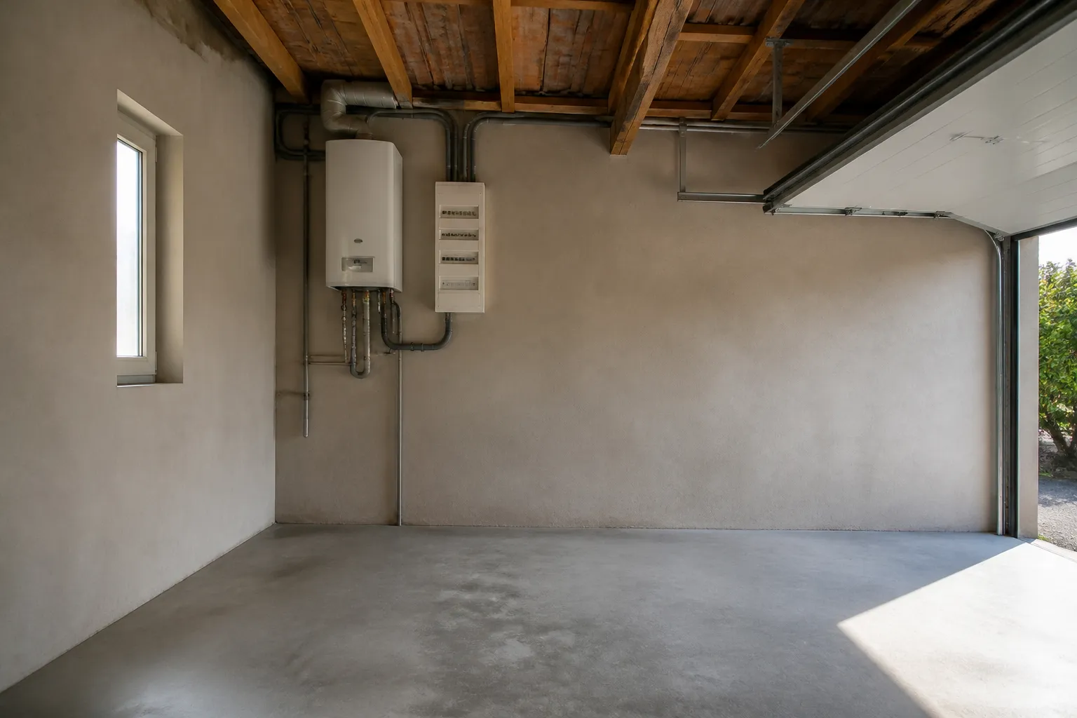 Tableau électrique et chaudière installés en hauteur dans un garage