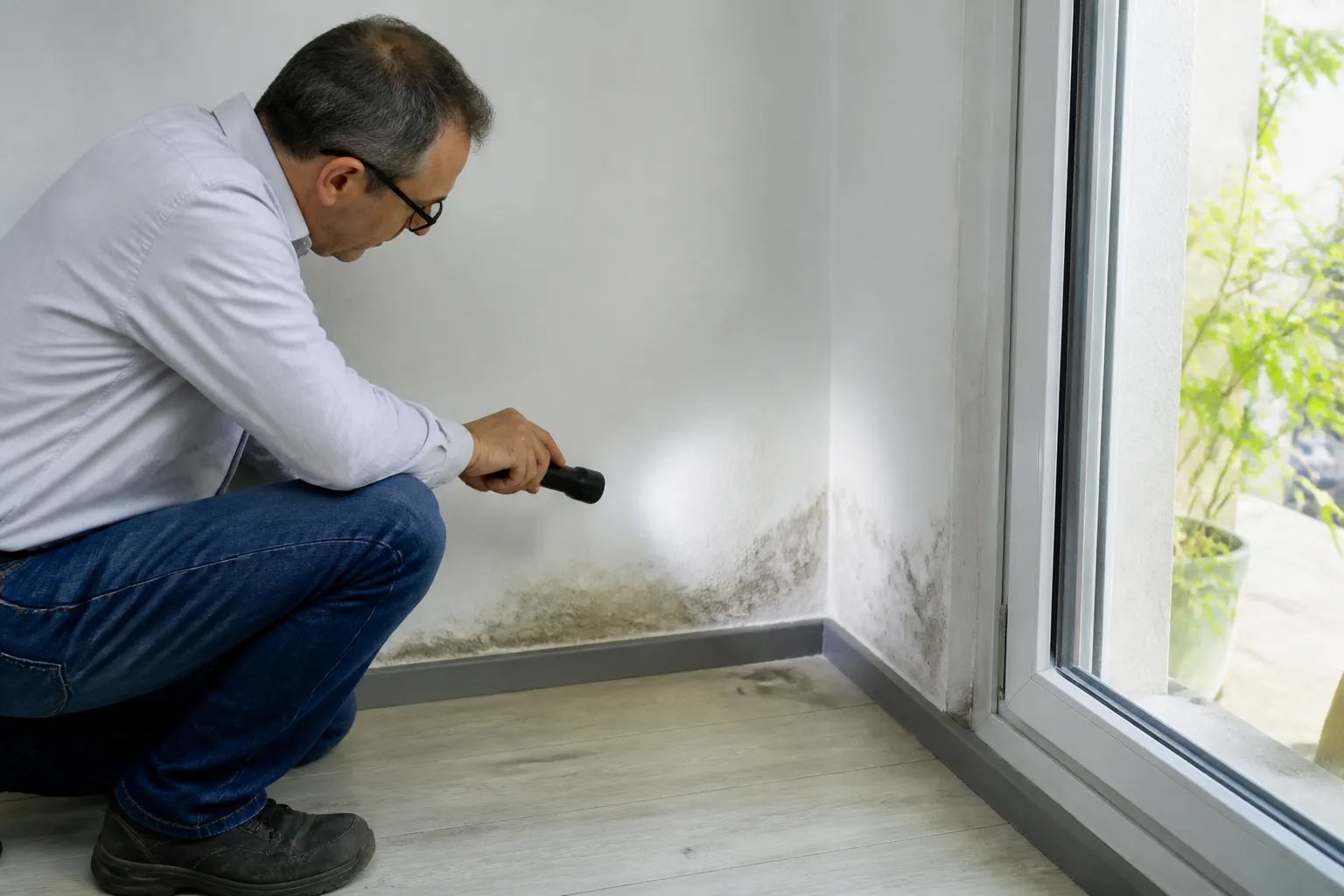 Expert examinant une trace d’humidité en bas de mur intérieur