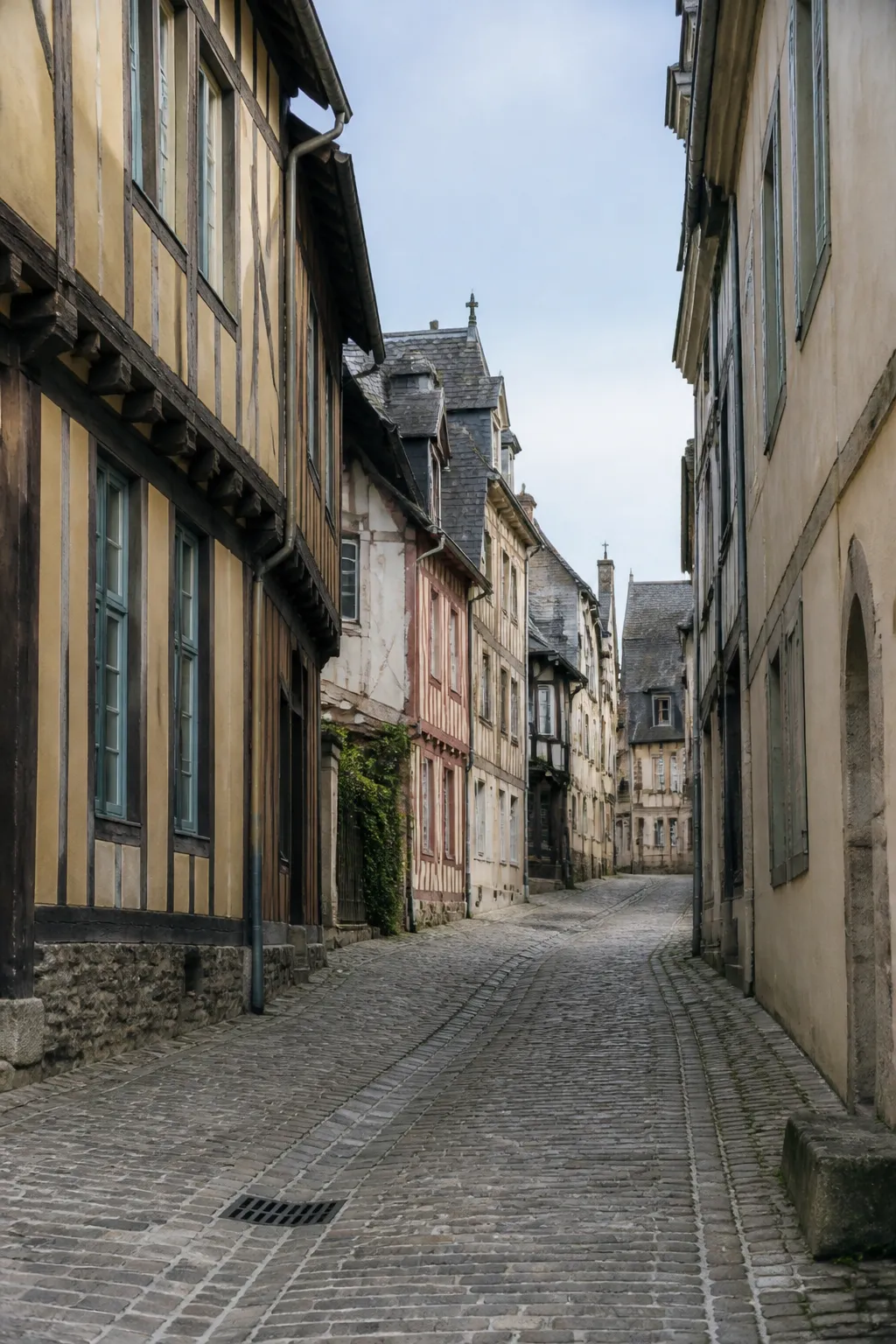 Rue ancienne avec maisons à pans de bois, illustration d’un achat à Bernay