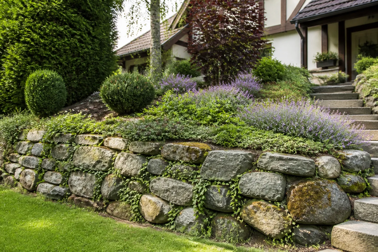 Mur de soutènement en pierre au bord d’un jardin en pente